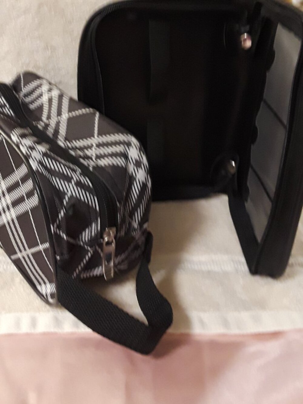 2-Pc Travel Toiletry Bags: Black White Plaid Dopp Kit & Faux Leather Organizer